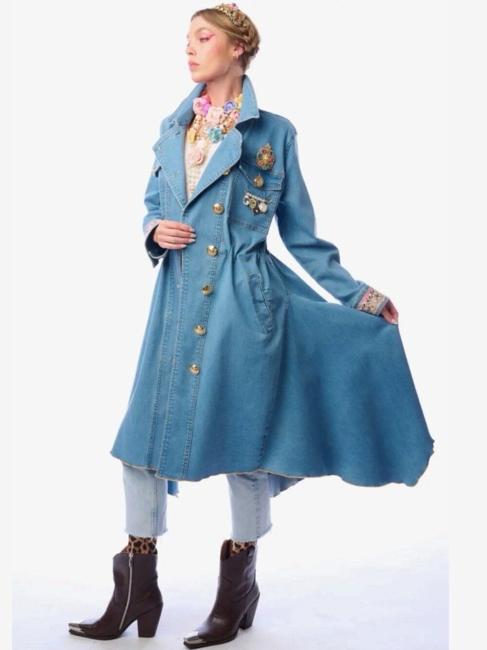 Aratta Monte Carlo Denim Hi-Low Long Coat Blue Decorative Brooch Size S M L - Picture 13 of 15